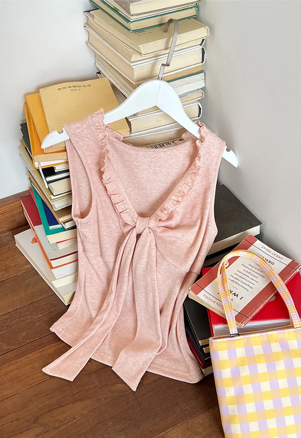 Ribbed Tank Top with Ruffled V Neck and Front Tie