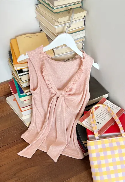 Ribbed Tank Top with Ruffled V Neck and Front Tie