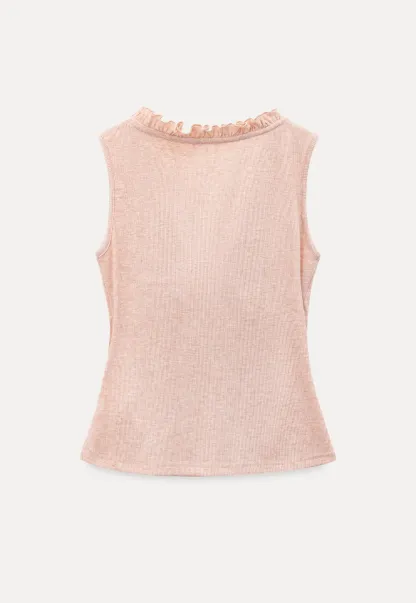 Ribbed Tank Top with Ruffled V Neck and Front Tie