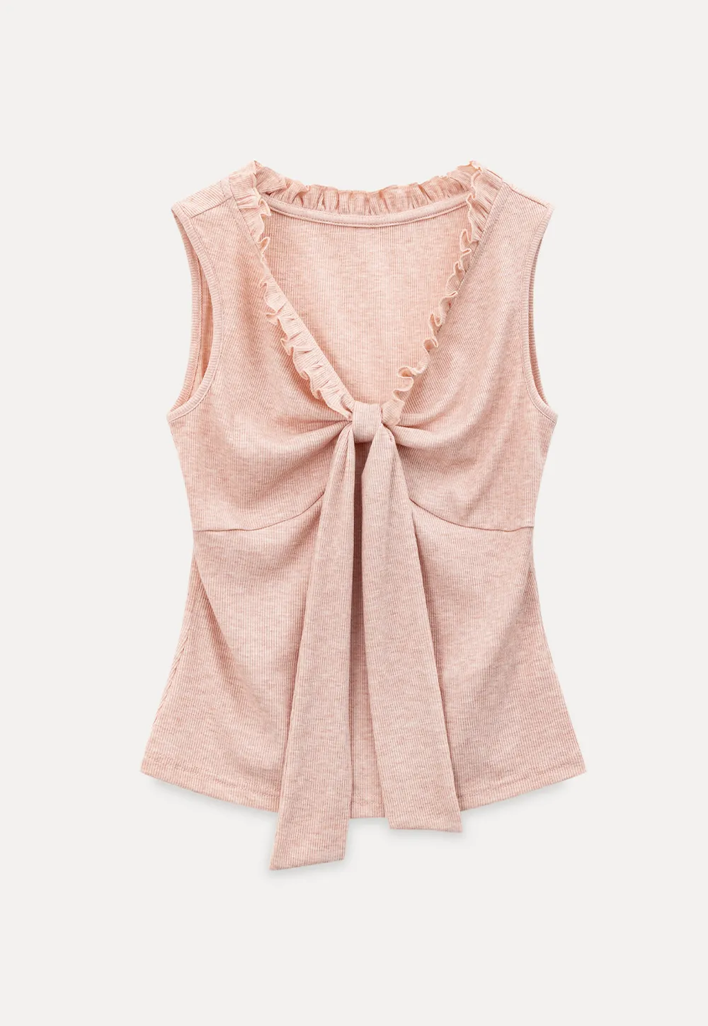Ribbed Tank Top with Ruffled V Neck and Front Tie