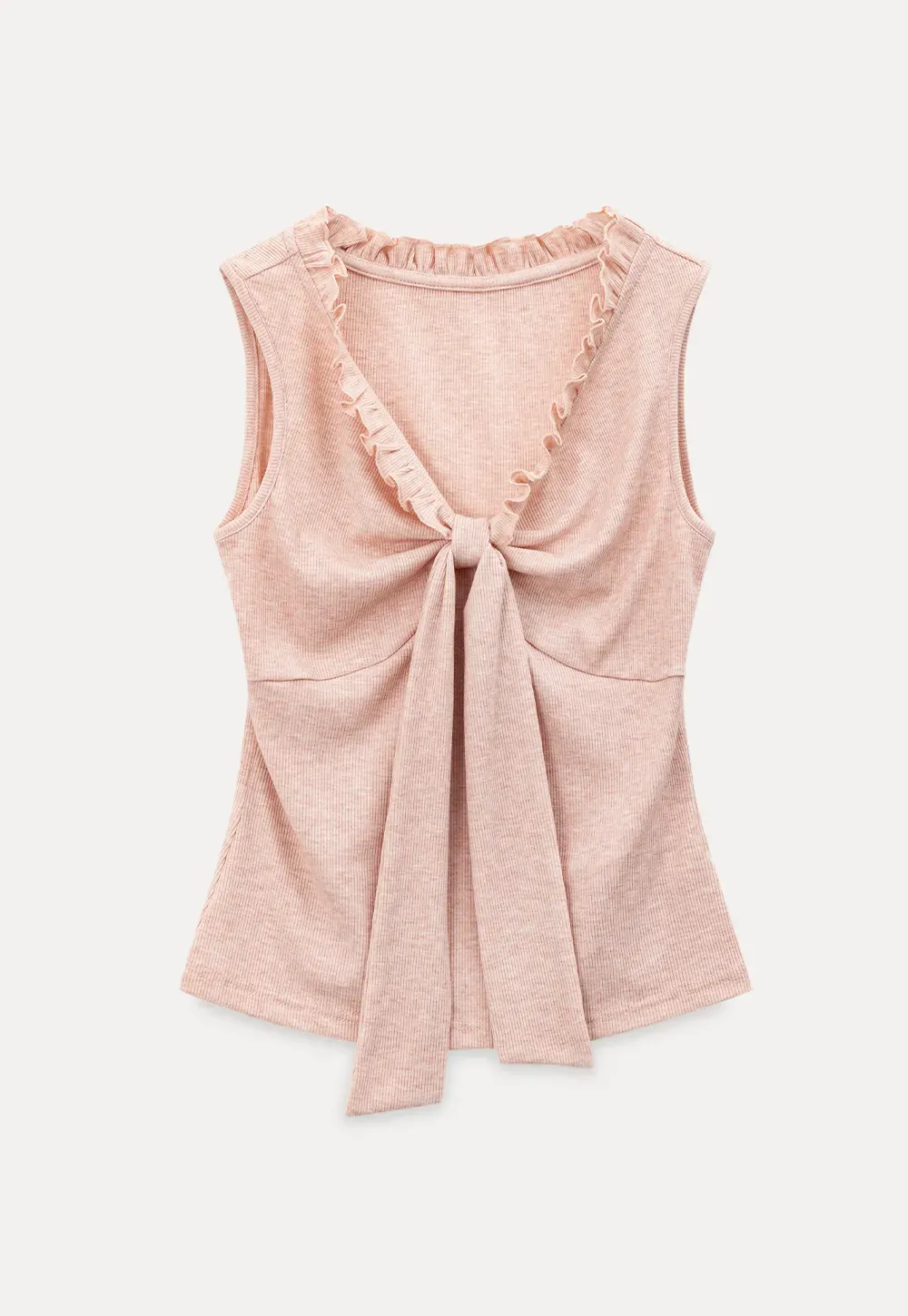 Ribbed Tank Top with Ruffled V Neck and Front Tie
