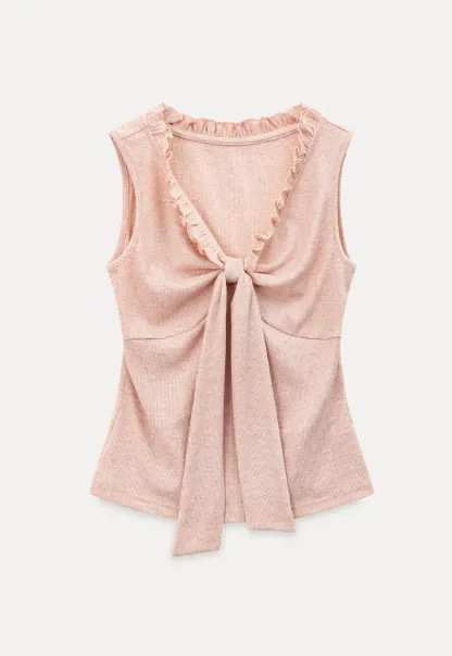 Ribbed Tank Top with Ruffled V Neck and Front Tie