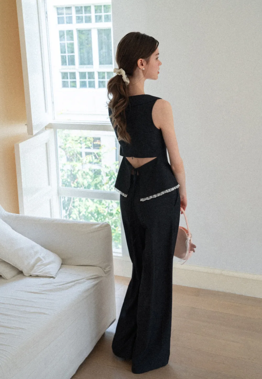 Cropped Sleeveless Top With Open Back Detail And High Waist Wide Leg Pants