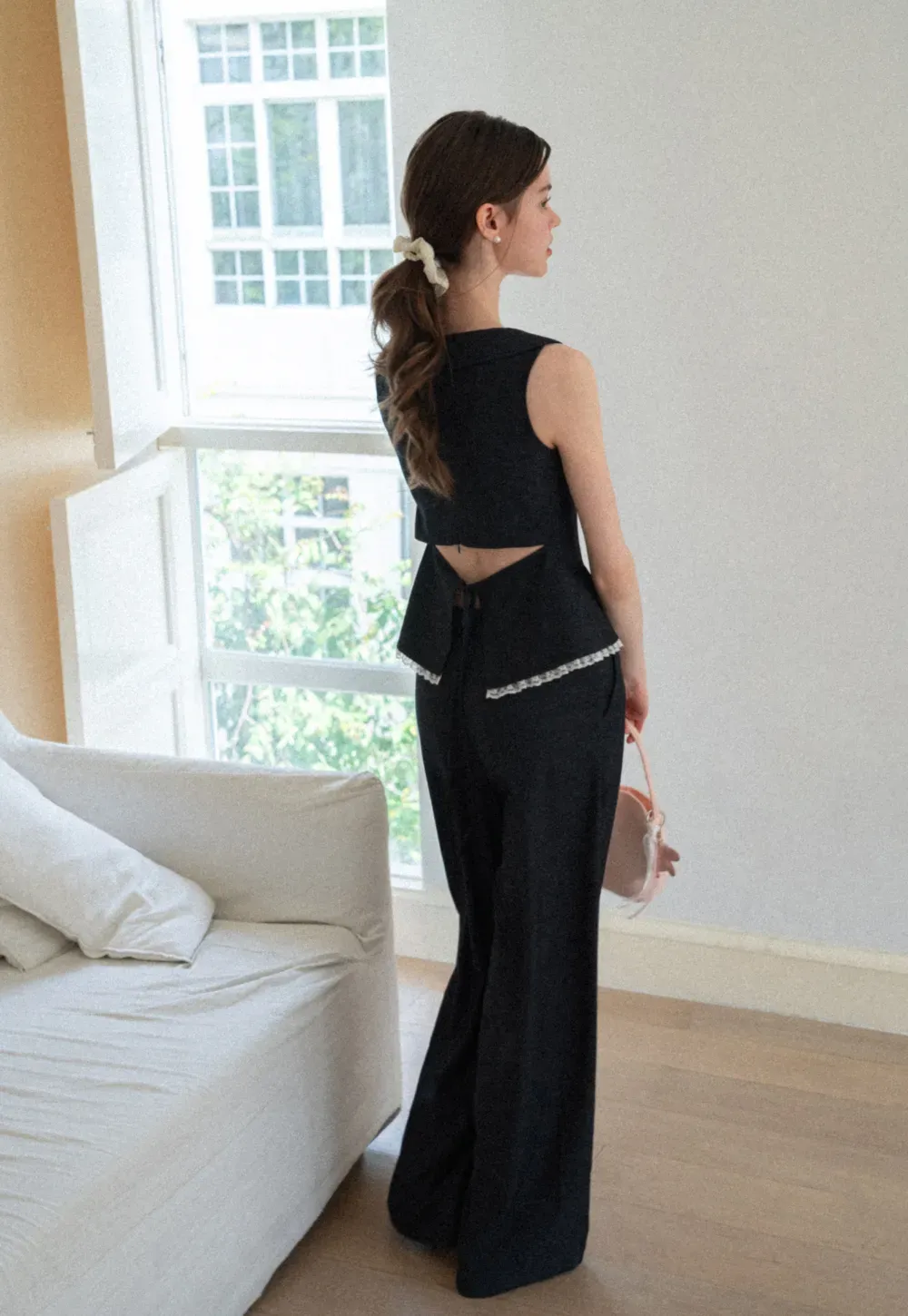 Cropped Sleeveless Top With Open Back Detail And High Waist Wide Leg Pants