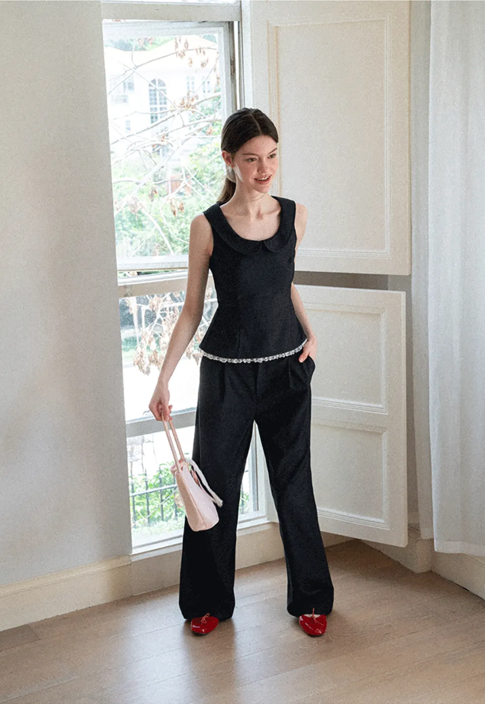 Cropped Sleeveless Top With Open Back Detail And High Waist Wide Leg Pants