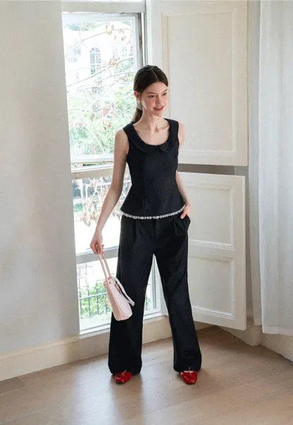 Cropped Sleeveless Top With Open Back Detail And High Waist Wide Leg Pants