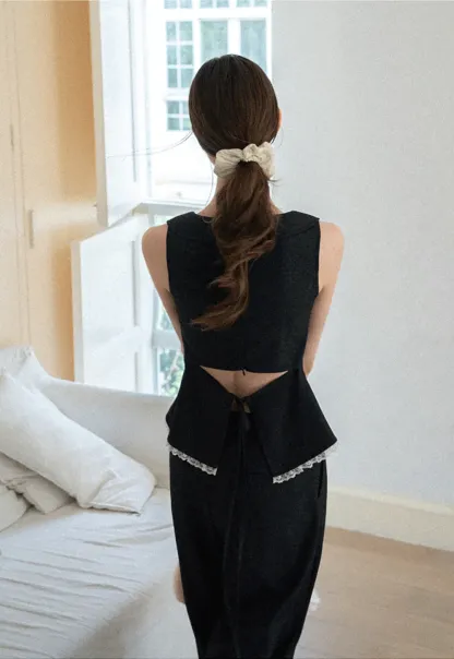 Cropped Sleeveless Top With Open Back Detail And High Waist Wide Leg Pants