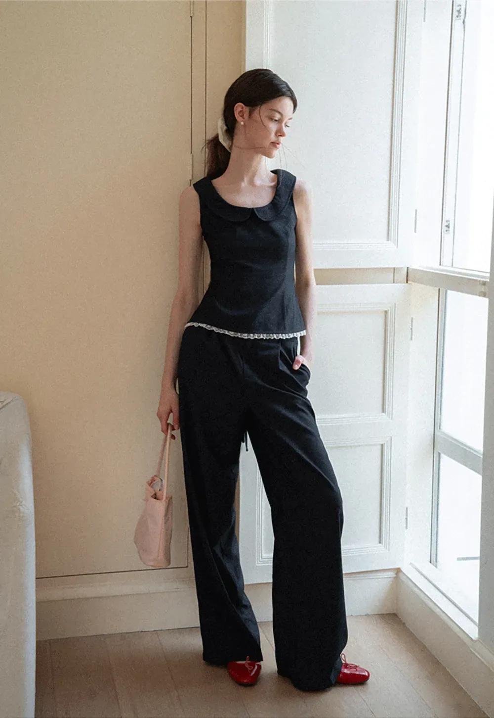 Cropped Sleeveless Top With Open Back Detail And High Waist Wide Leg Pants