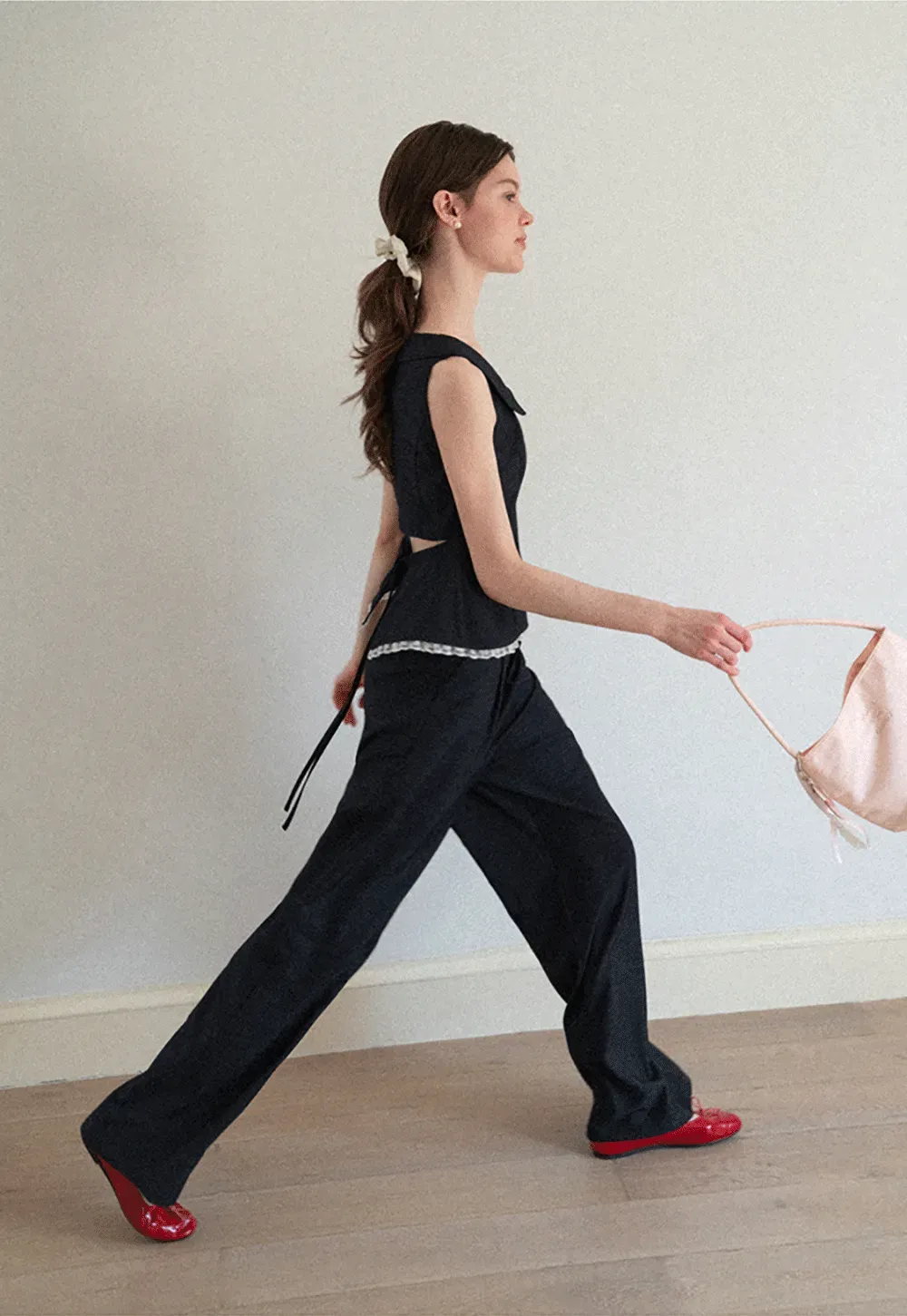 Cropped Sleeveless Top With Open Back Detail And High Waist Wide Leg Pants