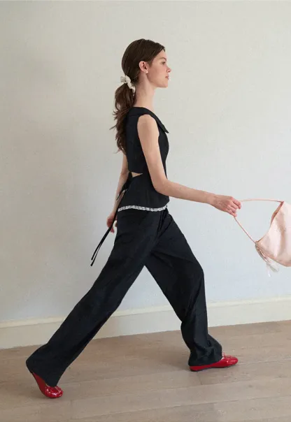 Cropped Sleeveless Top With Open Back Detail And High Waist Wide Leg Pants