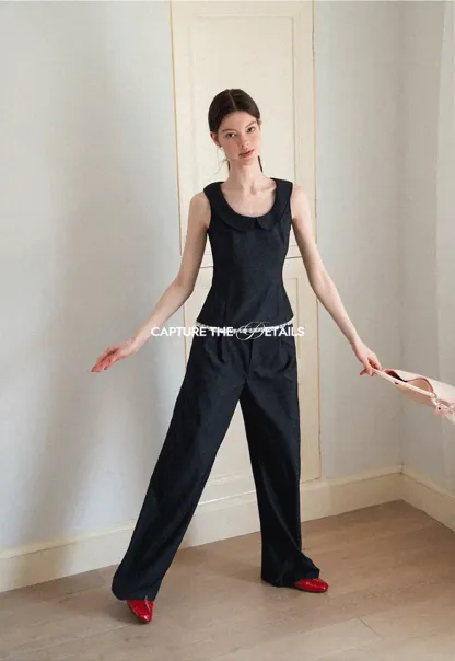 Cropped Sleeveless Top With Open Back Detail And High Waist Wide Leg Pants