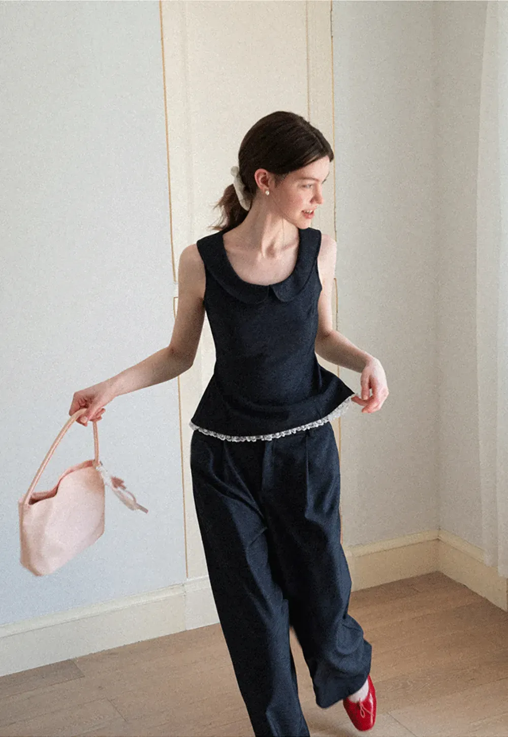 Cropped Sleeveless Top With Open Back Detail And High Waist Wide Leg Pants