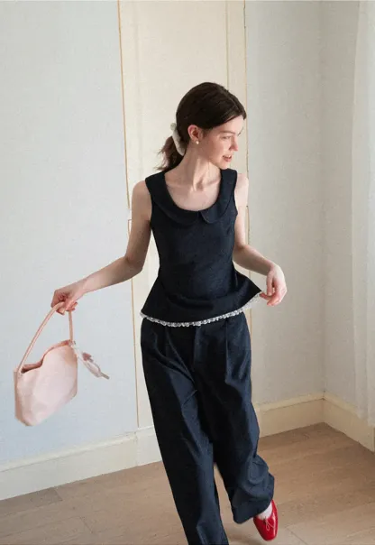 Cropped Sleeveless Top With Open Back Detail And High Waist Wide Leg Pants