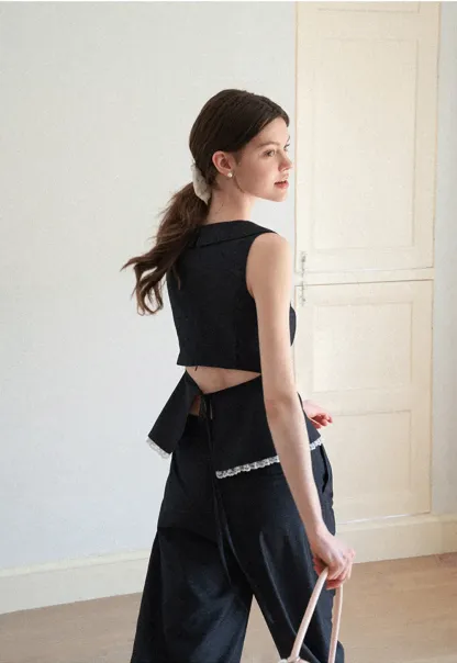 Cropped Sleeveless Top With Open Back Detail And High Waist Wide Leg Pants