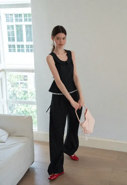 Cropped Sleeveless Top With Open Back Detail And High Waist Wide Leg Pants
