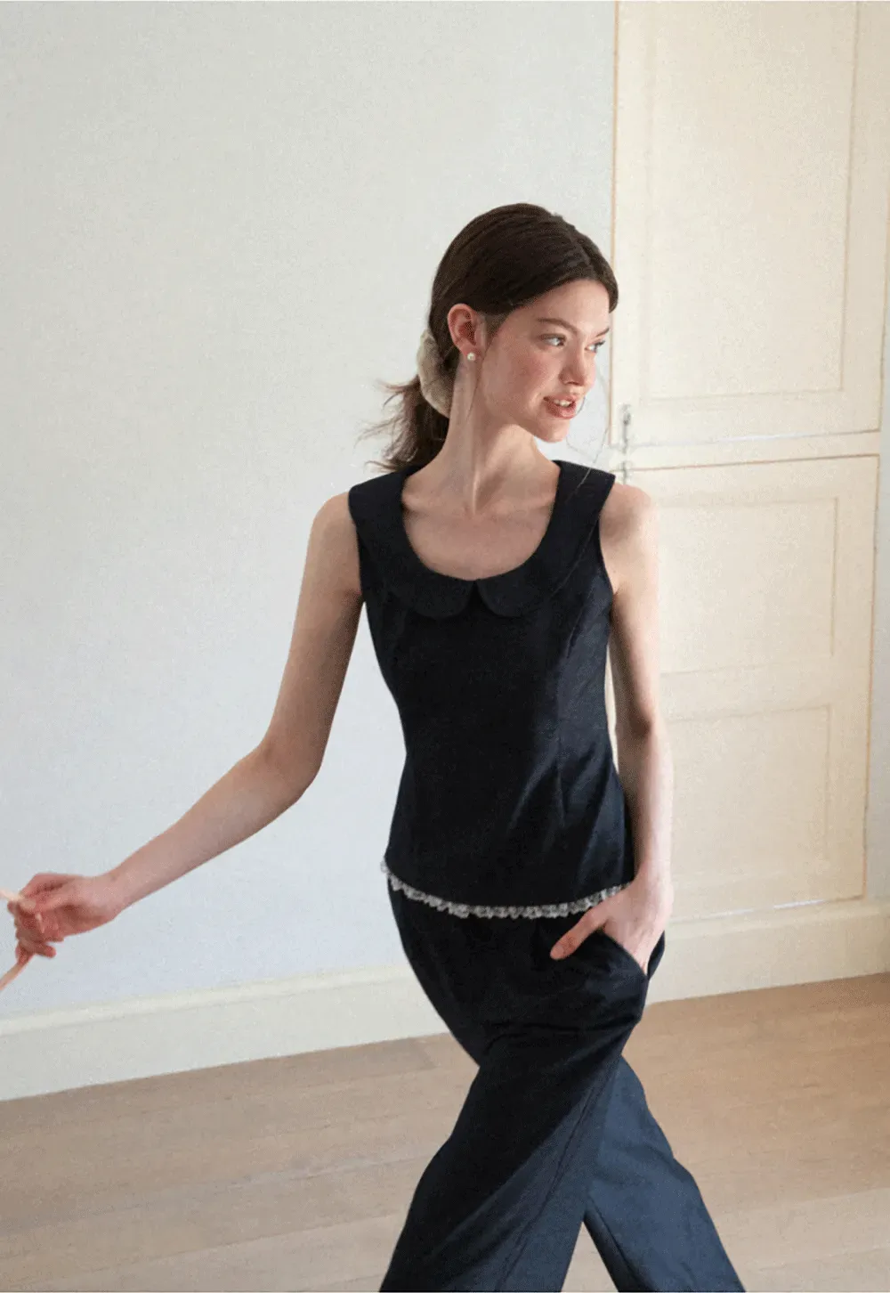 Cropped Sleeveless Top With Open Back Detail And High Waist Wide Leg Pants