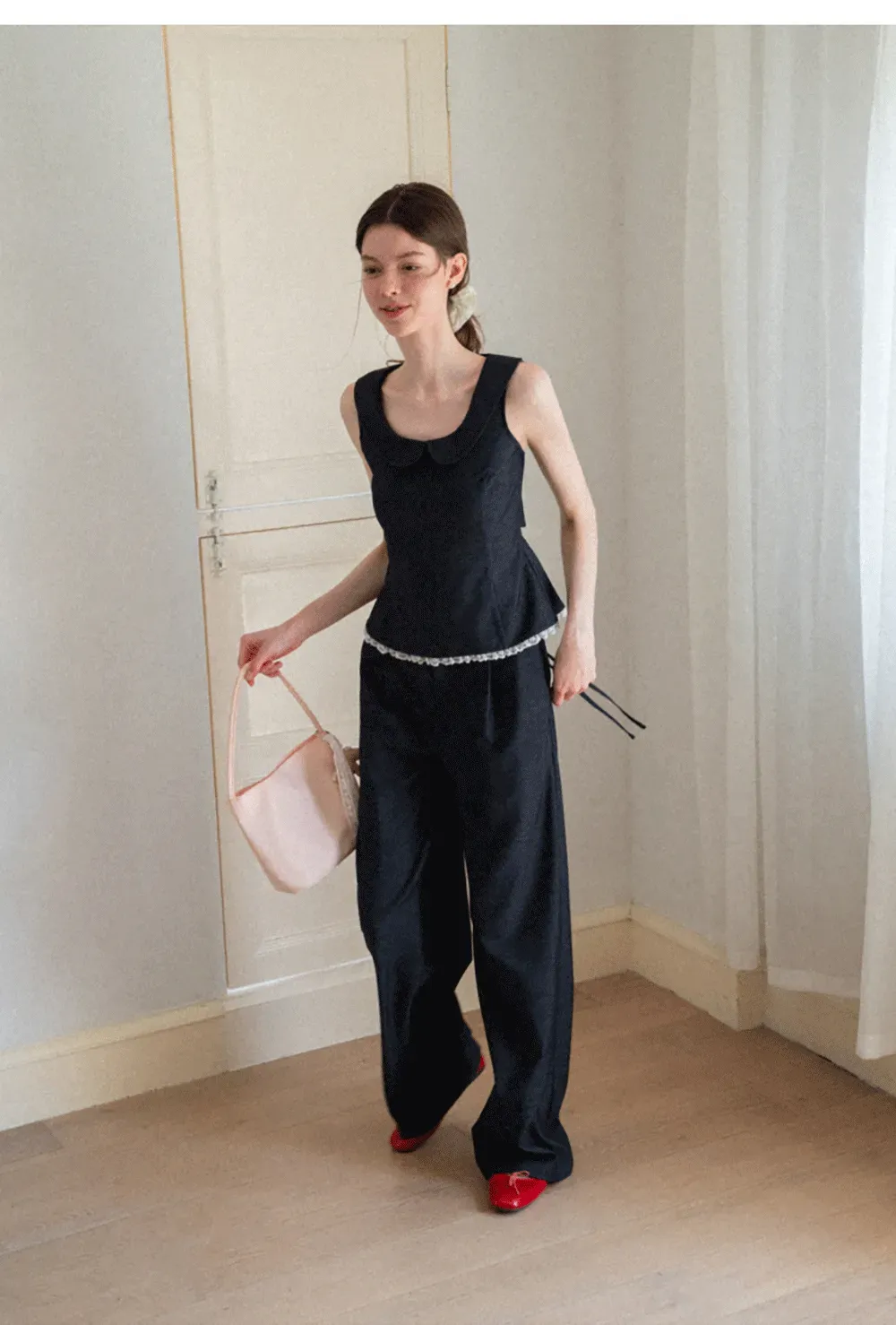 Cropped Sleeveless Top With Open Back Detail And High Waist Wide Leg Pants