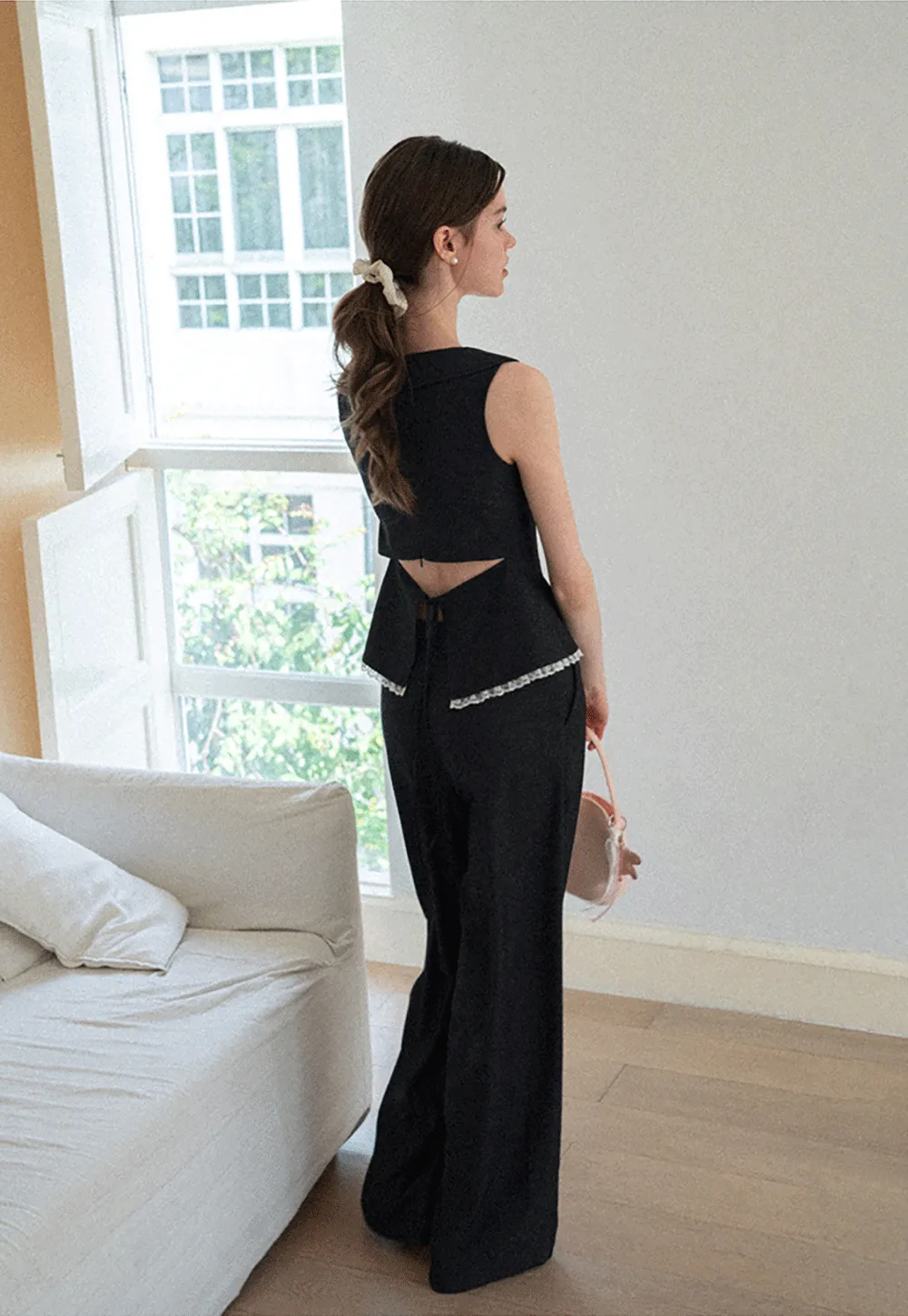 Cropped Sleeveless Top With Open Back Detail And High Waist Wide Leg Pants