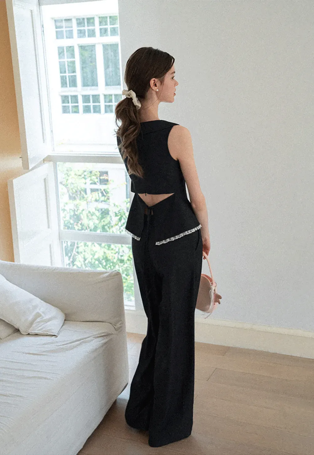 Cropped Sleeveless Top With Open Back Detail And High Waist Wide Leg Pants