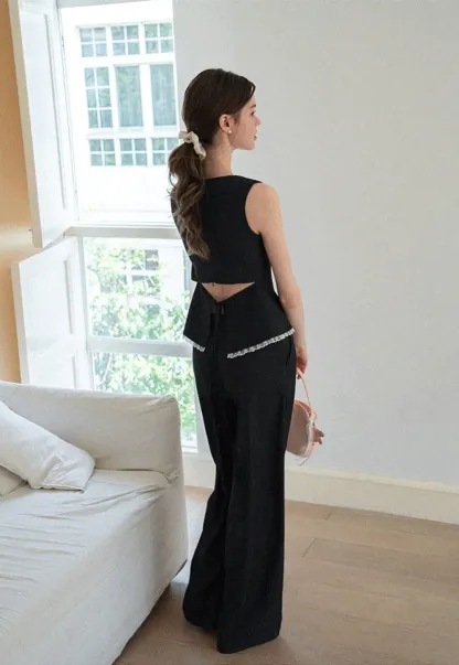 Cropped Sleeveless Top With Open Back Detail And High Waist Wide Leg Pants