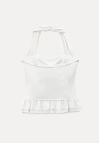 Halter neck tank top with ruffled hem