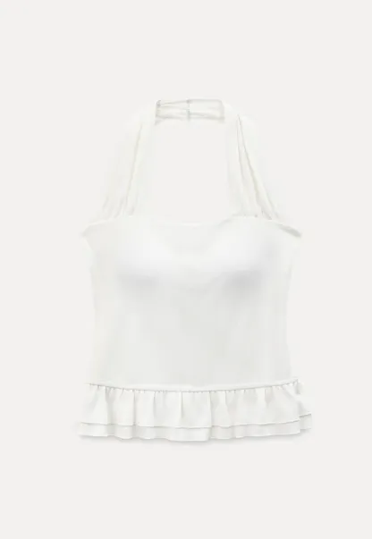 Halter neck tank top with ruffled hem
