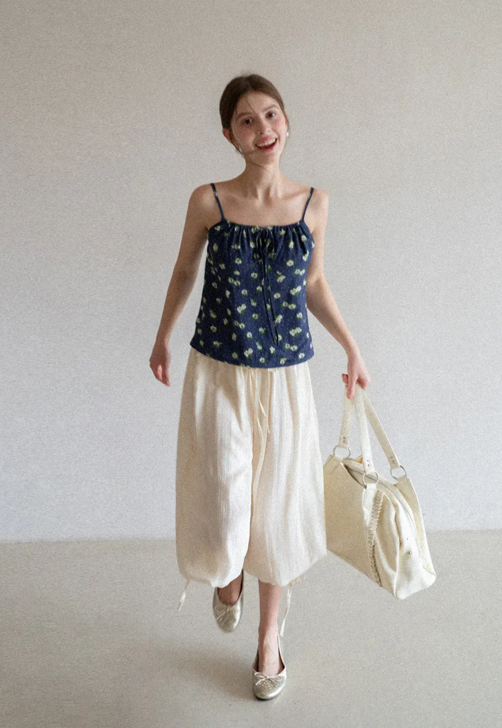 Floral Print Camisole with Drawstring Neckline