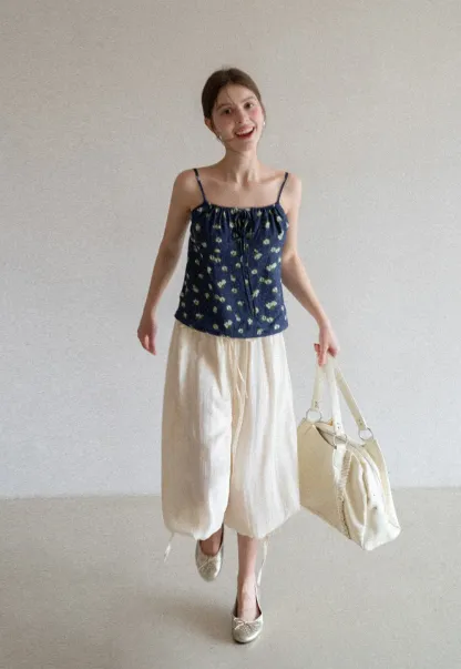 Floral Print Camisole with Drawstring Neckline