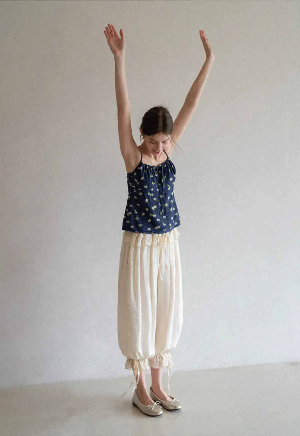 Floral Print Camisole with Drawstring Neckline