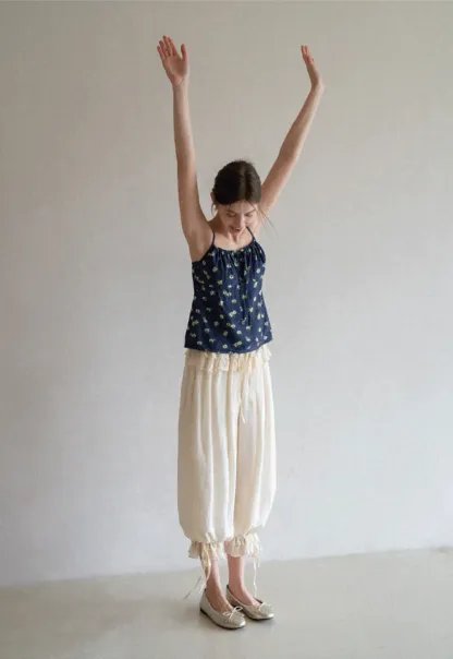 Floral Print Camisole with Drawstring Neckline