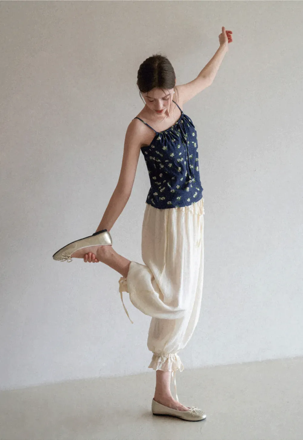 Floral Print Camisole with Drawstring Neckline