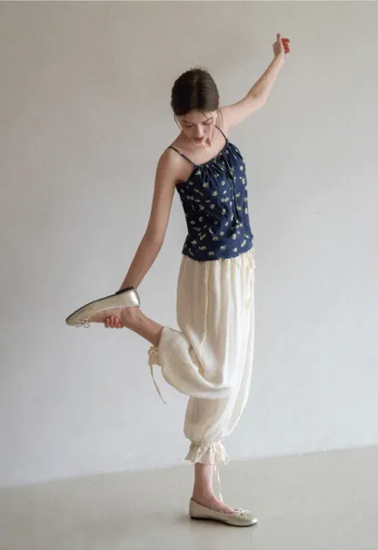 Floral Print Camisole with Drawstring Neckline