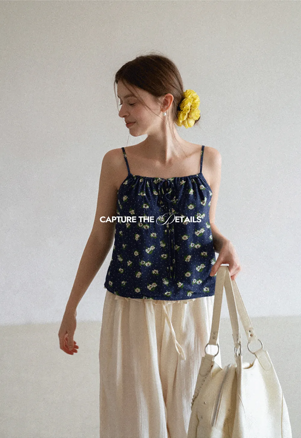 Floral Print Camisole with Drawstring Neckline