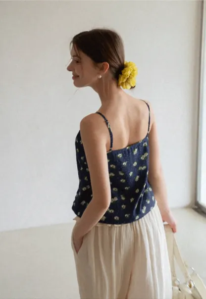Floral Print Camisole with Drawstring Neckline