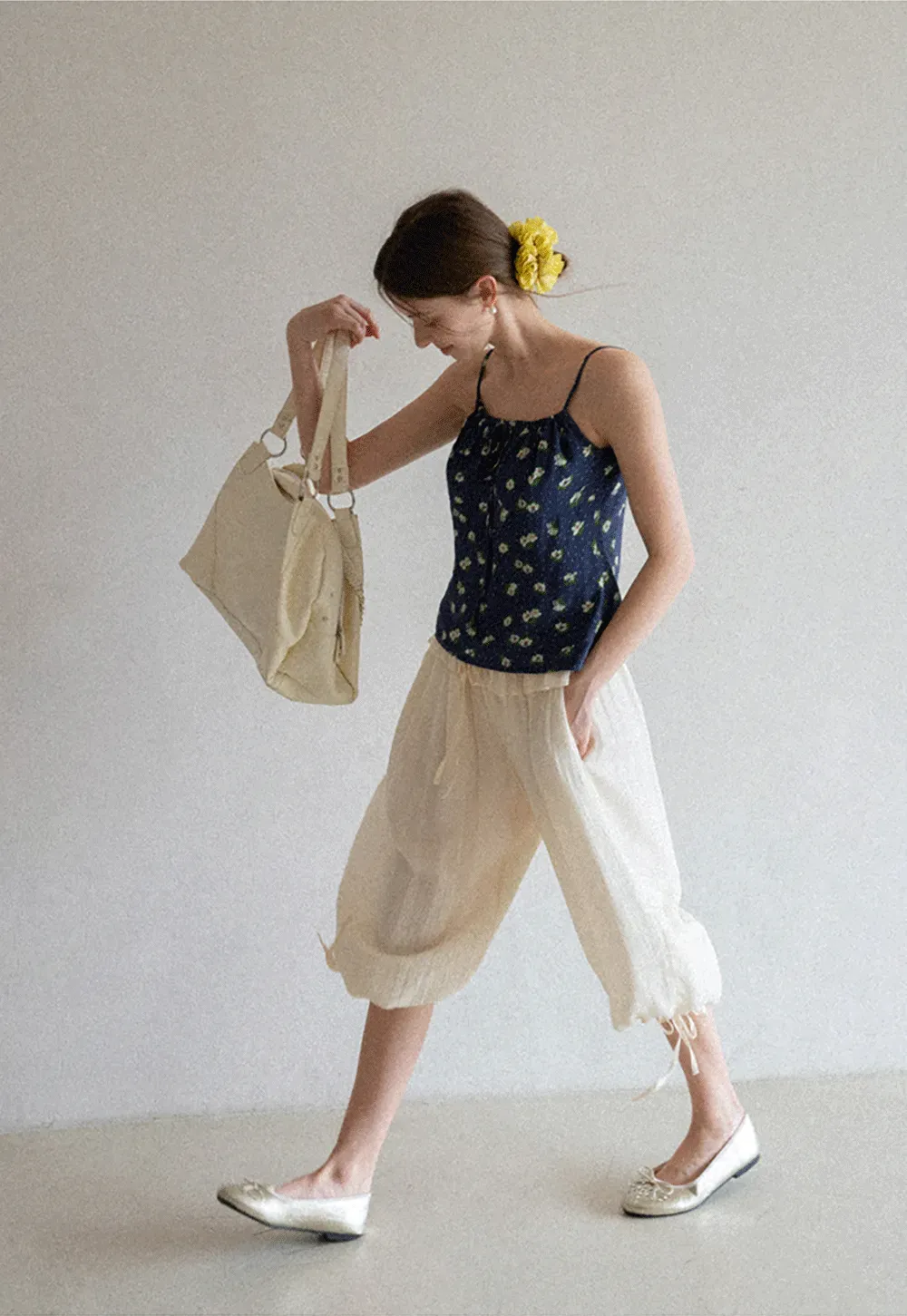 Floral Print Camisole with Drawstring Neckline