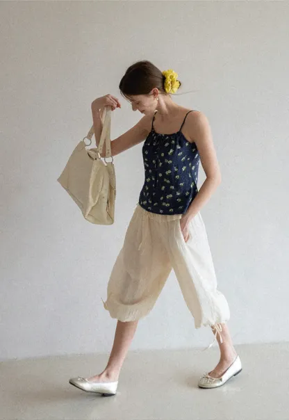 Floral Print Camisole with Drawstring Neckline