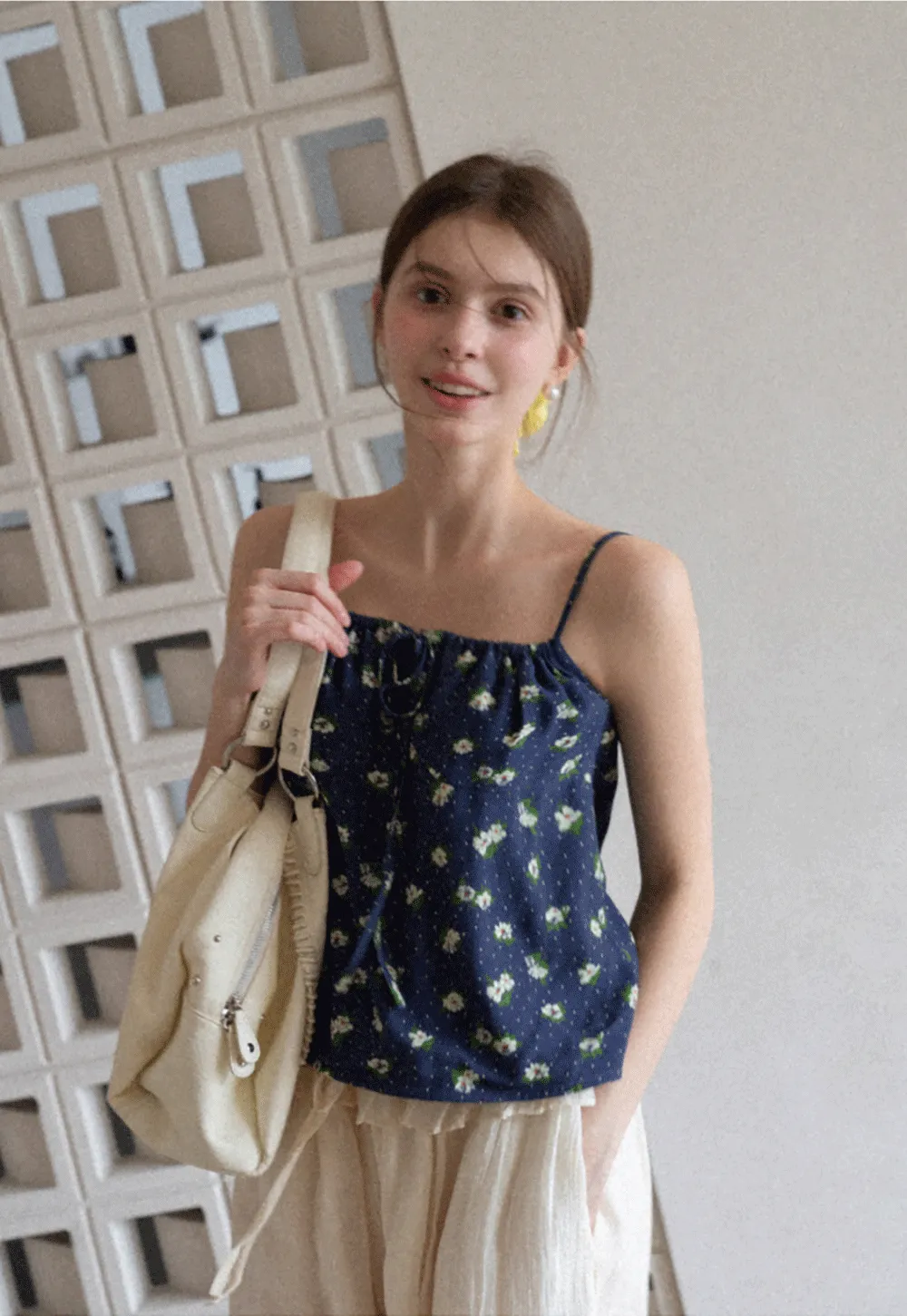 Floral Print Camisole with Drawstring Neckline