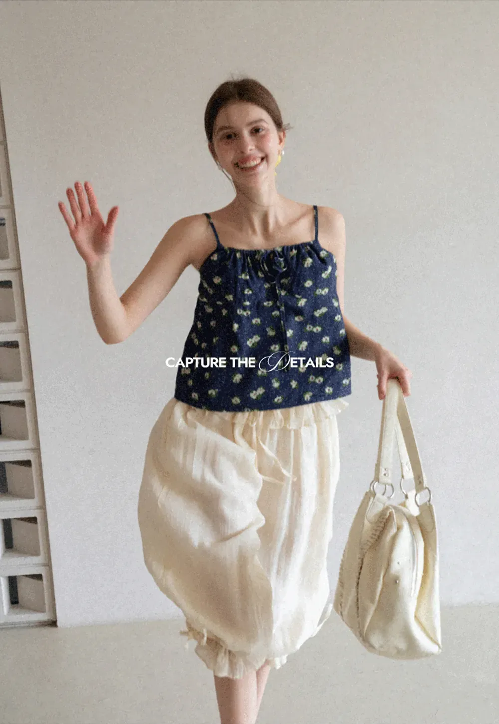 Floral Print Camisole with Drawstring Neckline