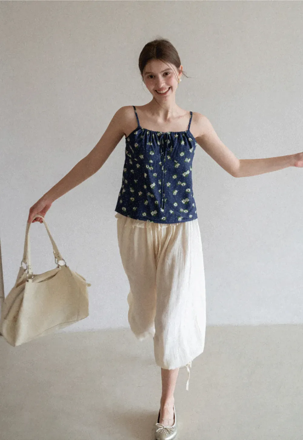 Floral Print Camisole with Drawstring Neckline