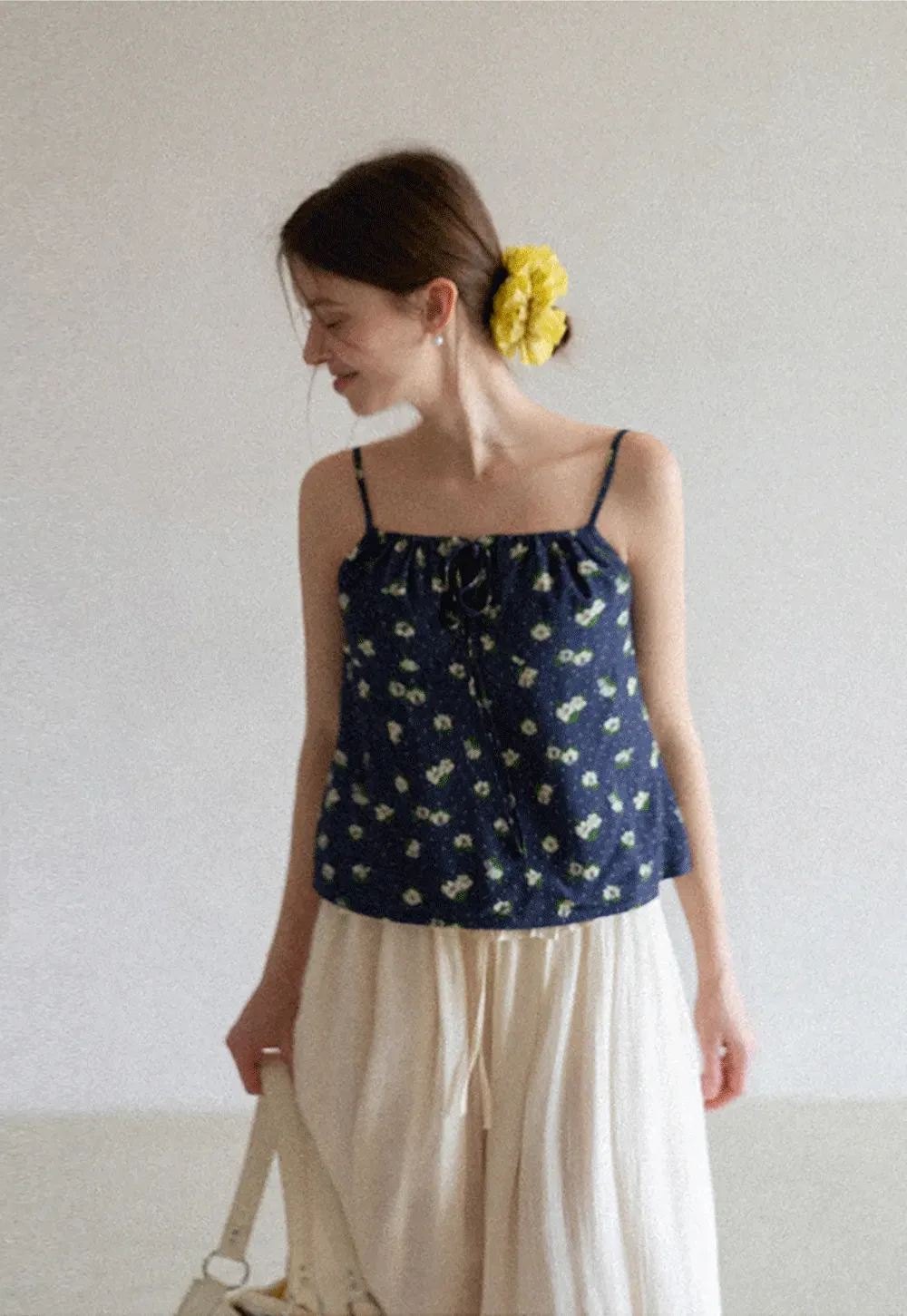 Floral Print Camisole with Drawstring Neckline