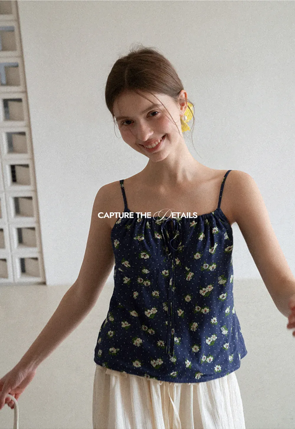 Floral Print Camisole with Drawstring Neckline