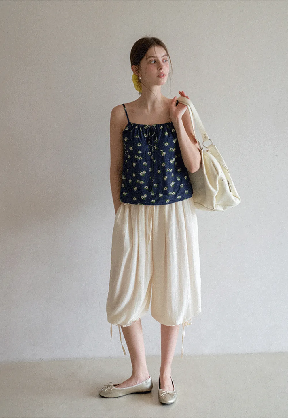 Floral Print Camisole with Drawstring Neckline