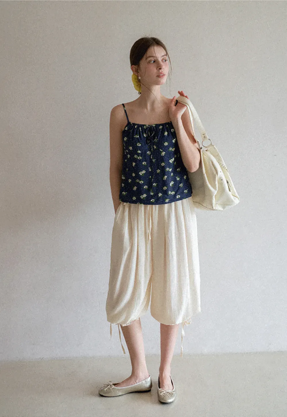 Floral Print Camisole with Drawstring Neckline