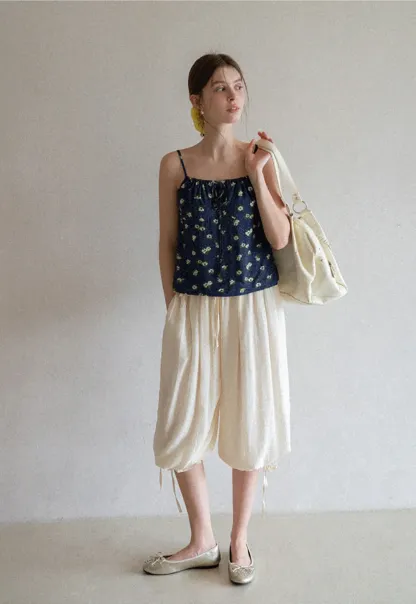 Floral Print Camisole with Drawstring Neckline