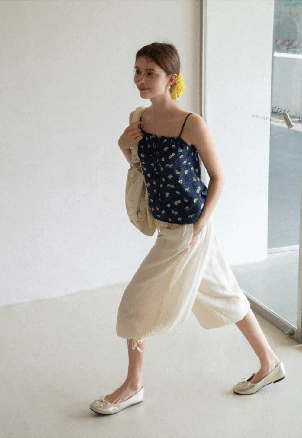 Floral Print Camisole with Drawstring Neckline