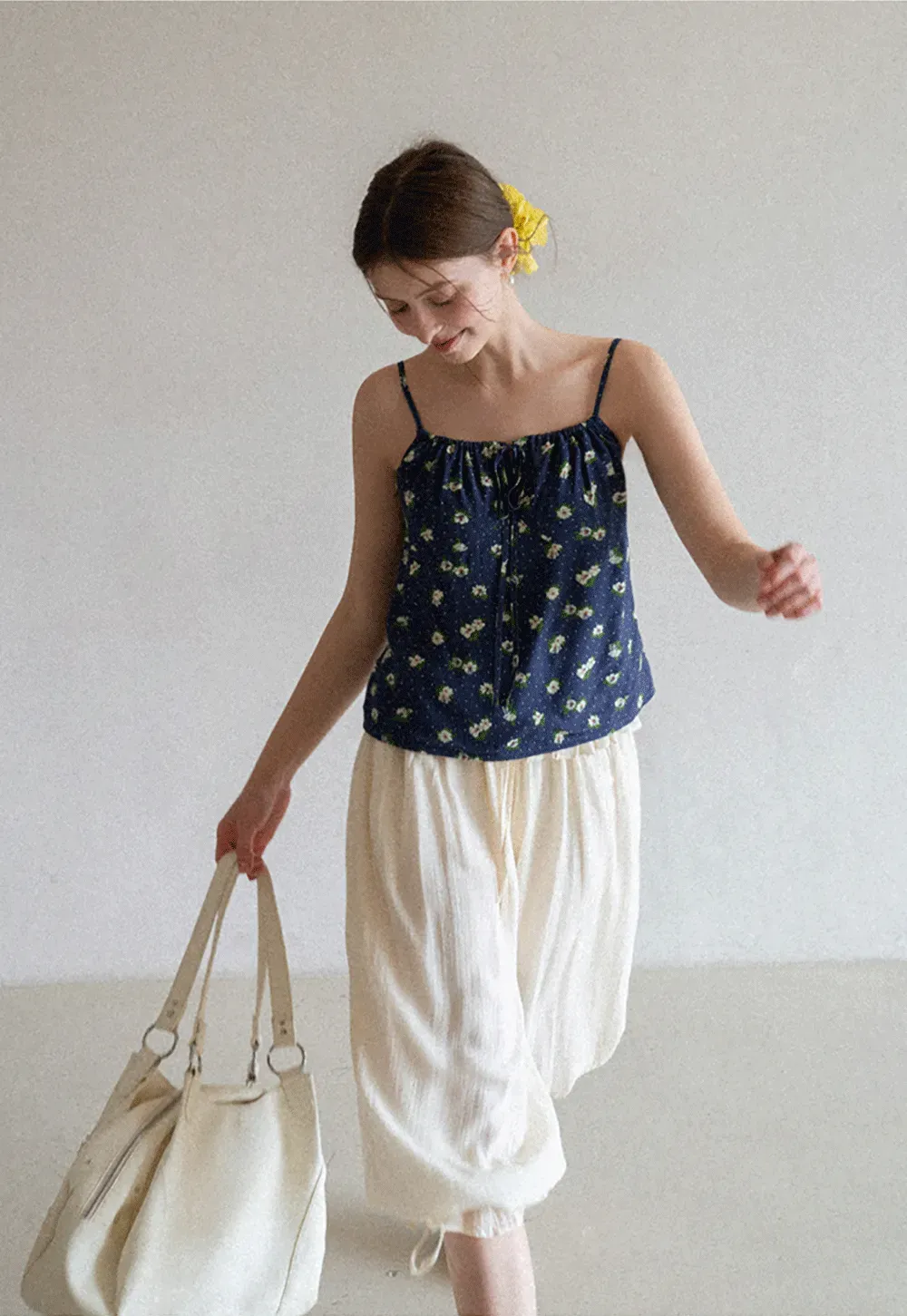 Floral Print Camisole with Drawstring Neckline