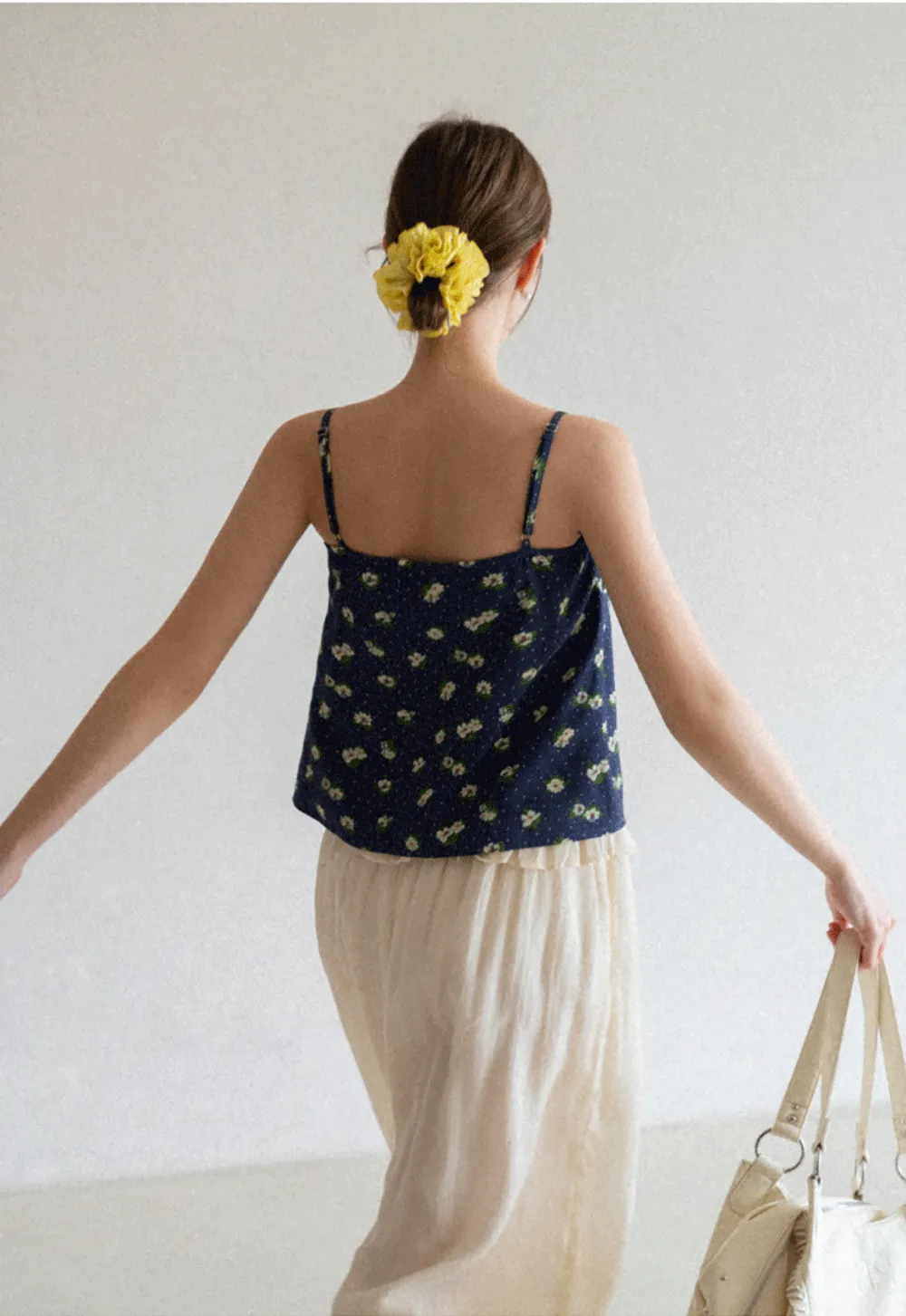 Floral Print Camisole with Drawstring Neckline