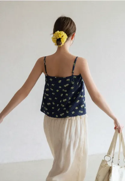 Floral Print Camisole with Drawstring Neckline