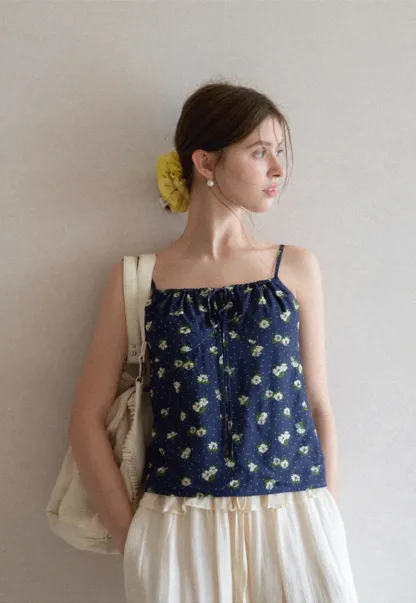 Floral Print Camisole with Drawstring Neckline