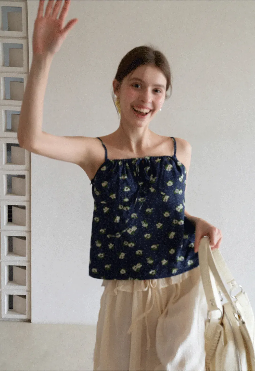 Floral Print Camisole with Drawstring Neckline